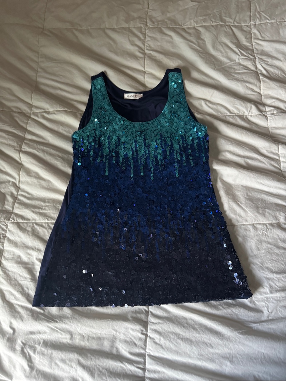 Maner Ombre Sequin Top Medium Blue Teal Metallic Glam Party Tank Mermaid